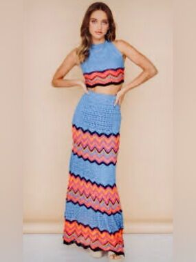 Blue Chevron Crochet Maxi Skirt - Women